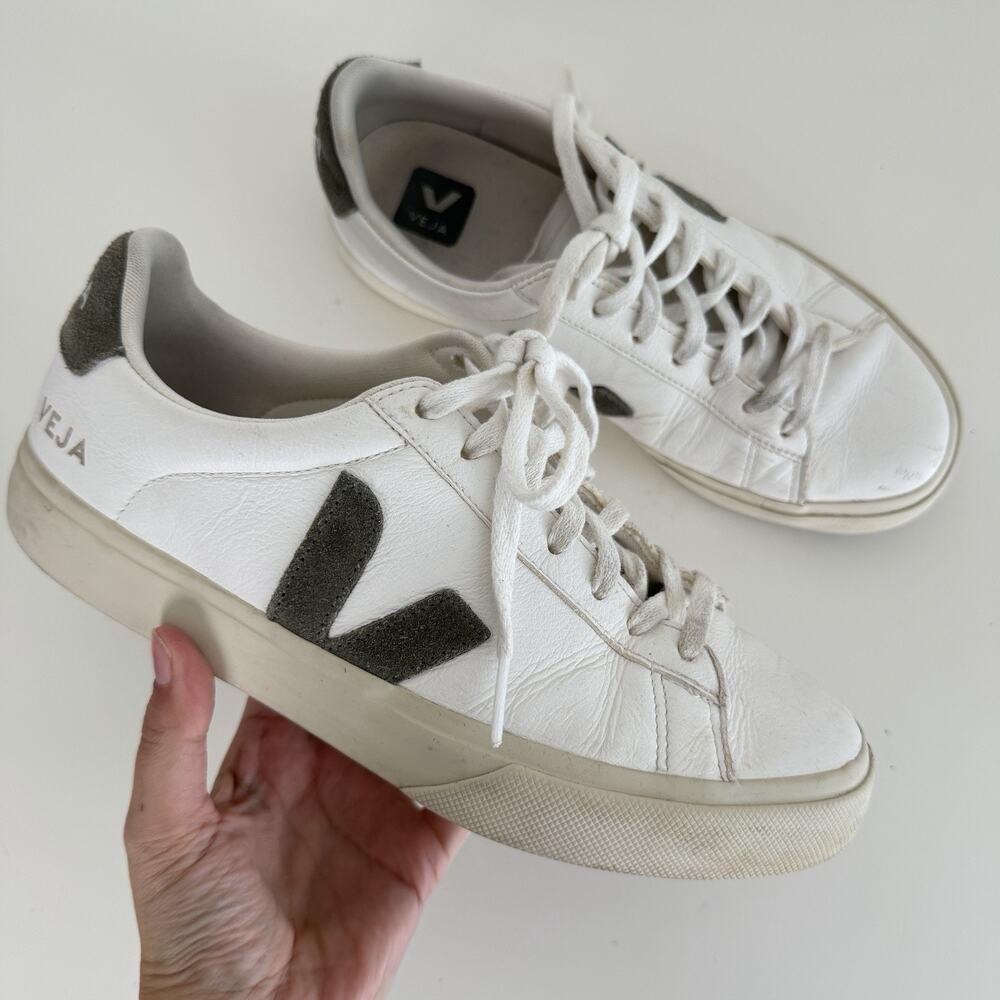 Veja White Leather Sneakers with Olive Suede V
